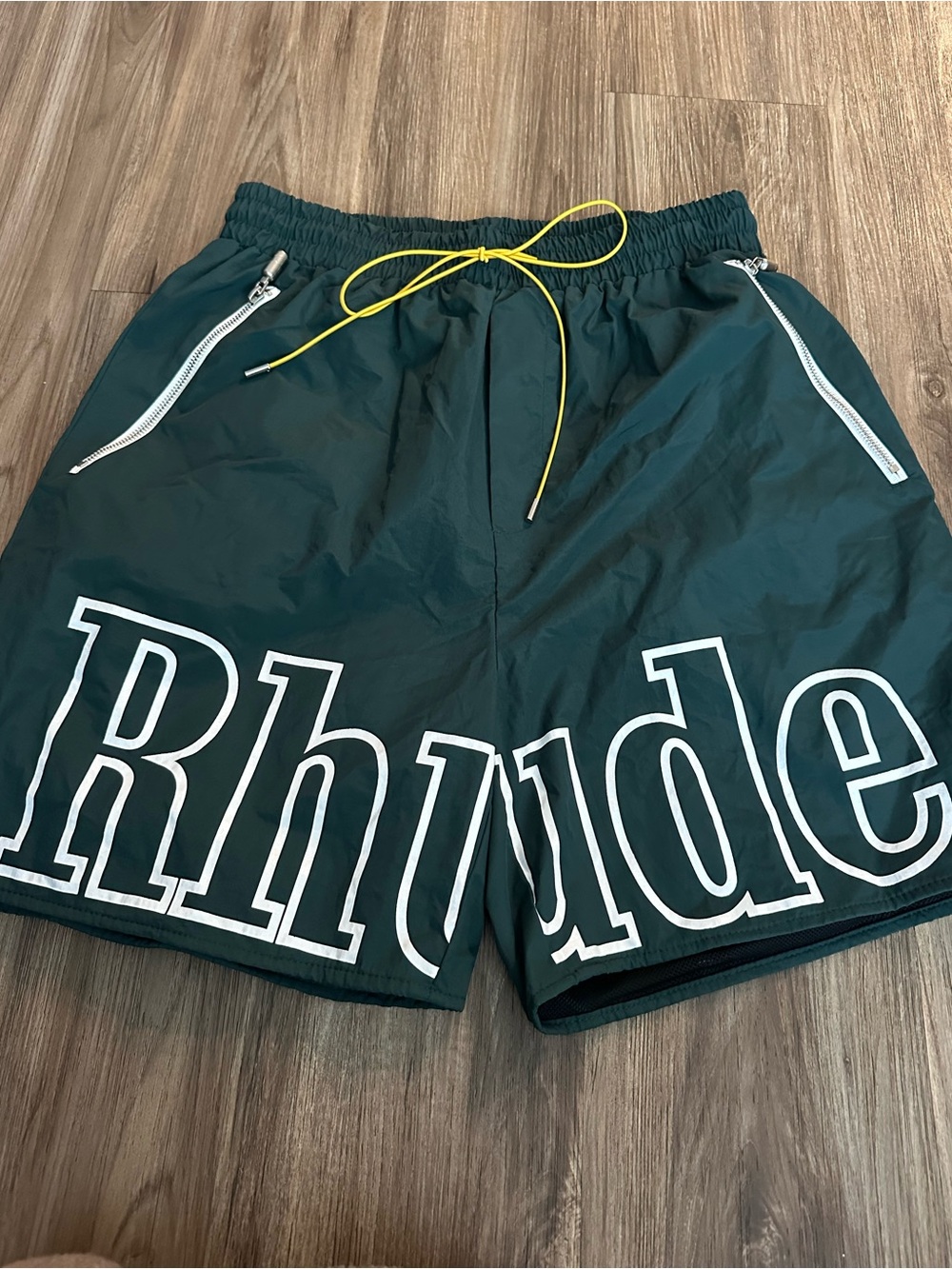 Rhude Forest Green Swim Shorts with Yellow Drawstring
